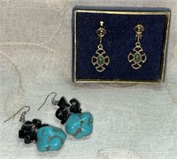 (2) Pairs Earrings:  Turquoise/Black Stone, NIB