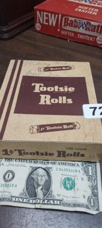 1950'S 1 CENT TOOTSIE ROLLS BOX (HAS WRITING ON IT