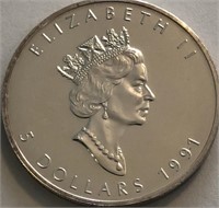 1991 Canadian 1-Oz Silver Maple Leaf