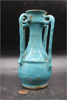 4-Handle Thick Glaze Blue Art Pottery Vase