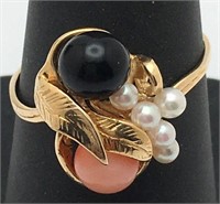 14k Gold, Pearl, Coral & Onyx Ring