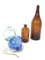Hand Blown Glass Orb, Amber Bottles, Green Vase