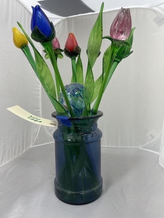 Glass Vase w/Blown Glass Flowers