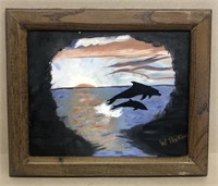 W. Perkins acrylic painting of dolphins in a cove