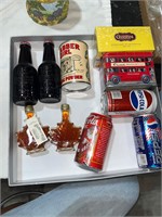 box lot of empty or expired items, syrup, rootbeer