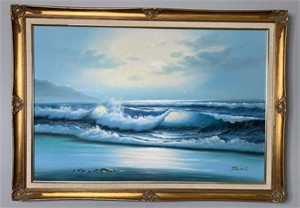 Painting Of Ocean Scene On Board In Frame, Signed
