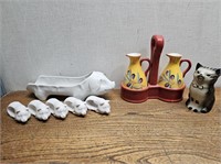 5 Piggy Napkin Holders + Holder Dish +Kitten Jug +