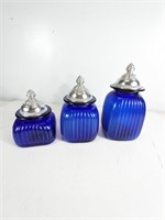 (3) Cobalt Blue Ribbed Decorative Canisters