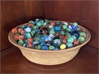 Grouping of Assorted Marbles in Pottery Dish