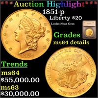 *Highlight* 1851-p Liberty $20 Graded ms64 details