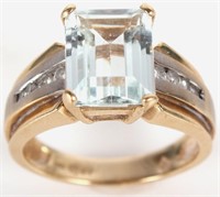 14K YELLOW GOLD AQUAMARINE DIAMOND LADIES RING