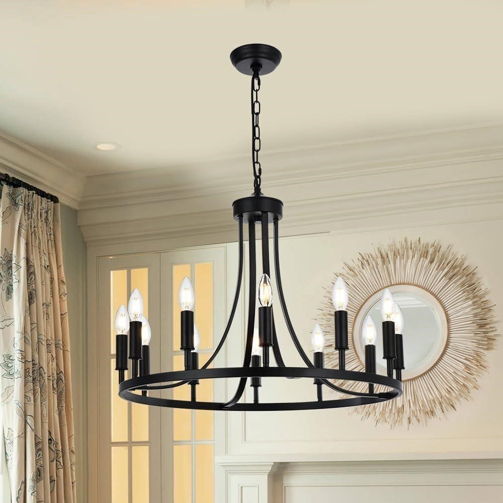 Matte Black Wagon Wheel 12 Light Chandelier $210