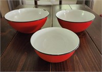 Vintage red enamel mixing bowls, black trim