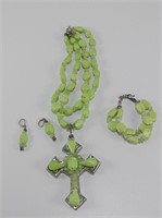 GREEN STONE BEADED CROSS NECKLACE, EARRINGS, ETC.