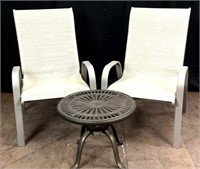 Pair Aluminum Patio Chairs & Tropitone Side Table