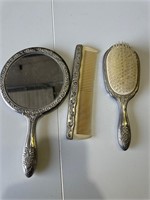 Vintage Silver Finish Vanity Mirror Comb Set