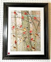 Signed Red Bird Print in Frame