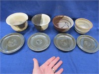 4 handmade pottery bowls & 4 smaller plates