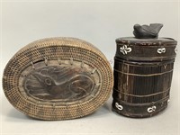 Two Indonesian Baskets with Wood Carved Lids