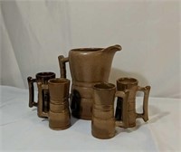Frankoma Pitcher & Four Cups, Brown Satin.