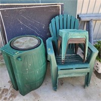 Plastic Chairs & Rain Barrel