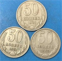 3x 50 Kopeks Russian Coins