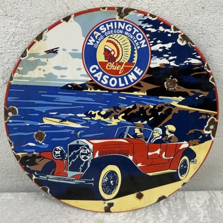 Round Enamel "WASHINGTON CHIEF GASOLINE" Sign