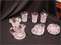 Seven pieces of cut glass: creamer and