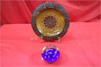 Art Glass Paper Weight, German Carved Wooden Plate
