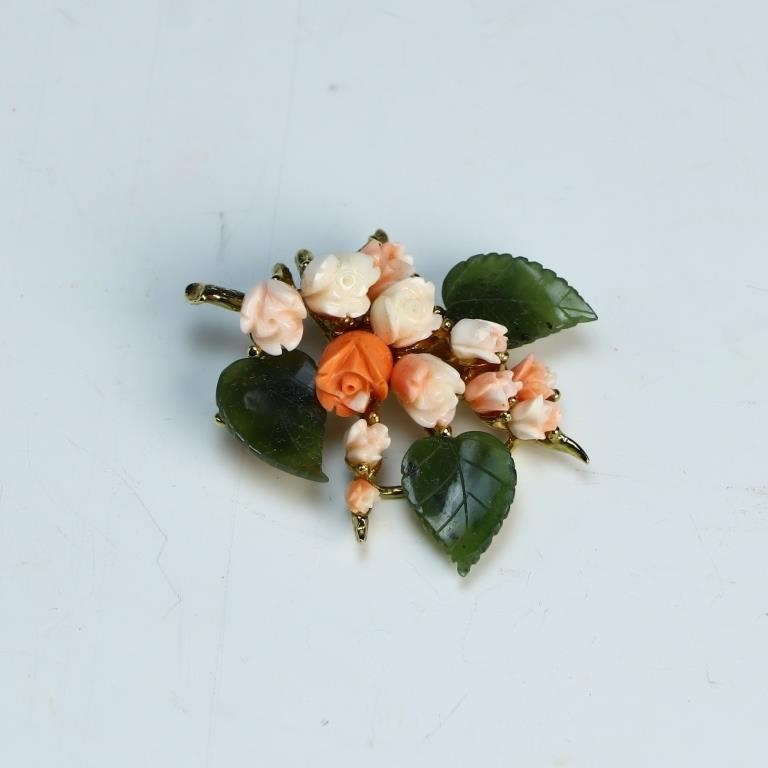 Vintage gold tone Swoboda coral and Jade brooch