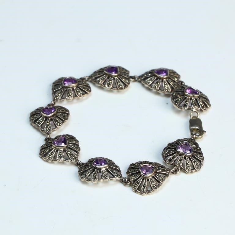 Sterling silver Amethyst Marcasite bracelet 22 gms