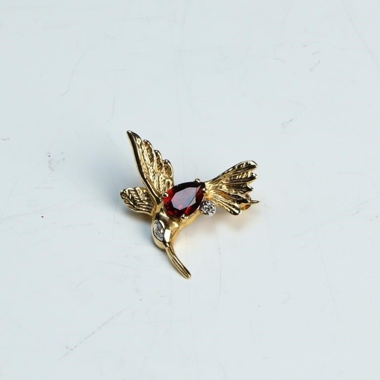 Vintage 14K gold hummingbird brooch with diamonds