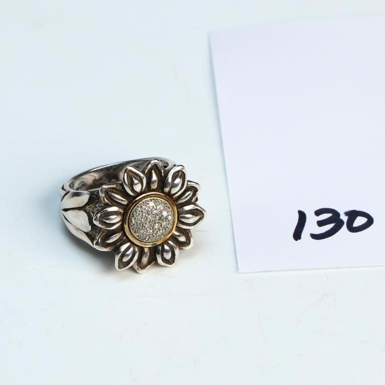 Sterling silver and 14K gold sunflower ring with p