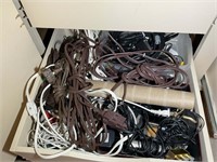 3 DRAWERS WITH PICTURE FRAMES, MISC CABLES, ECT