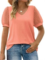 R5200  MOSHU Swiss Dot V Neck Blouse, Puff Sleeve