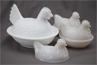 Set of (3) Milk Glass Hen-on-Nest Candy Dishes