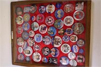 GLASS TOP DISPLAY CASE W/ ASSORTED CAMPAIGN BUTTON