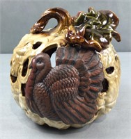 Autumn turkey and pumpkin ceramic candle holder