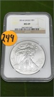 2014 EAGLE 1 OZ FINE SILVER DOLLAR GRADE 69 NGC