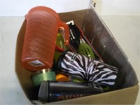 box of tublers, plastic ware and kitchen utensils