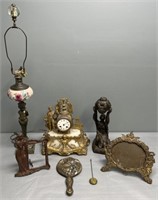 Figural Clock; Oil Lamp & Lot Collection