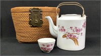 Vintage Wicker Basket With Teapot & Cup