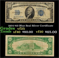 1934 $10 Blue Seal Silver Certificate Grades vf+