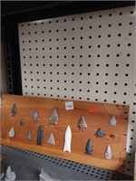 Lot of Various Repro Arrowheads on Wooden Board