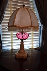 Cranberry  lamp on milk glass base with shade