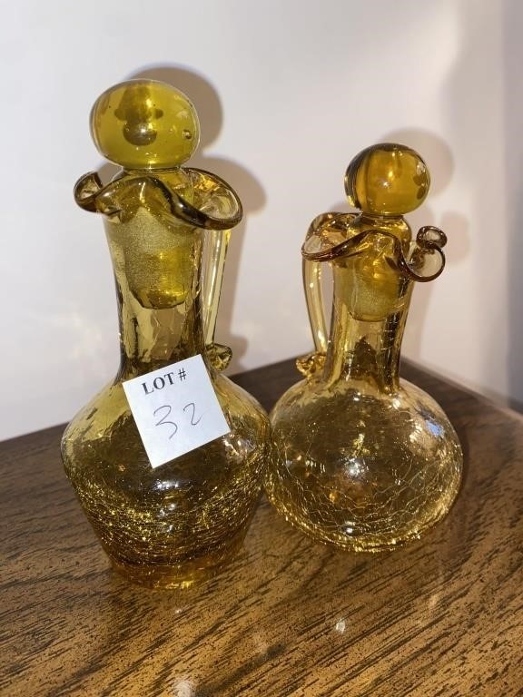 (2PC) CRUETS CRACKLE AMBER GLASS OIL & VINEGAR SET