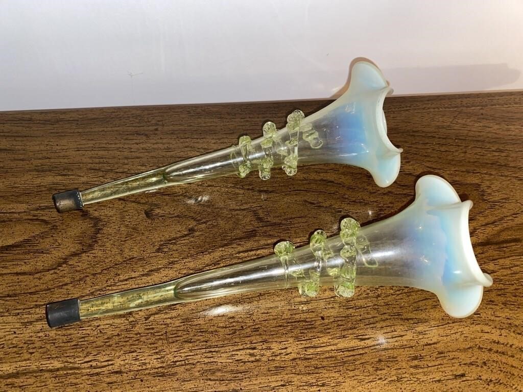 (2) 10" URANIIM GLASS TRUMPET EPERGNE HORNS