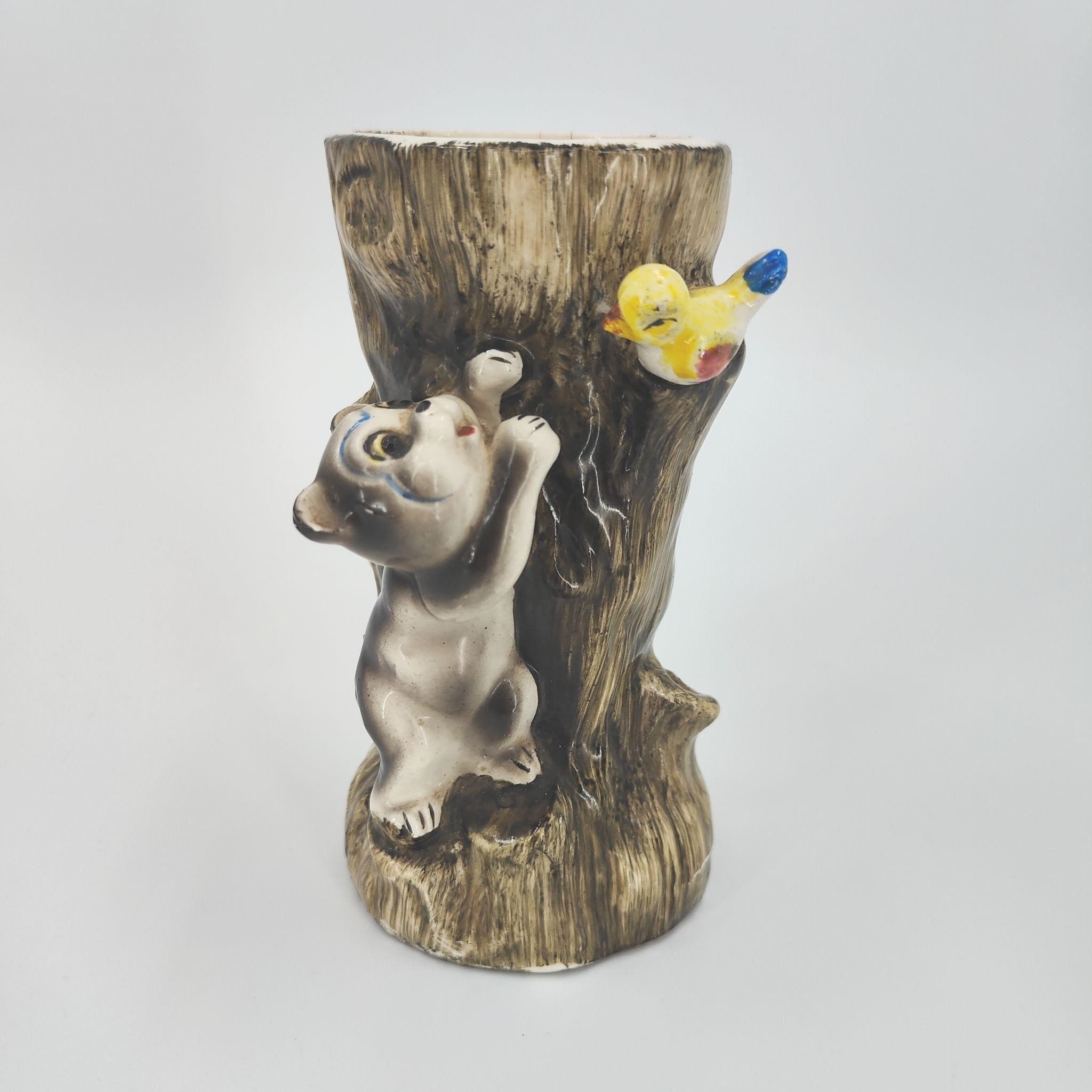 Vintage Bear & Bird  Bud Vase
