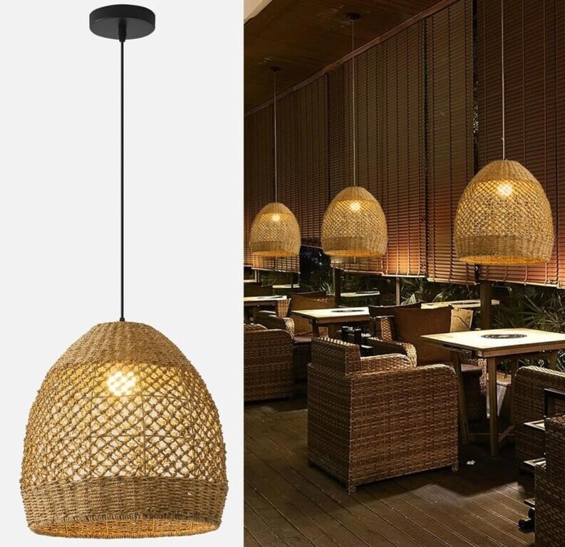 13.77" Rattan Pendant Light,Rustic Hand-Woven