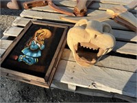 WOODEN CARVED CAT HEAD + PRAYER PICTURE